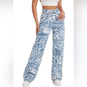NWOT High Waist Print Pants Y2K Print Wide Leg Denim Jeans XS